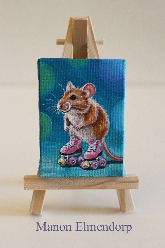 Uniek Handgeschilderd Schilderijtje Muisje Op Rolschaatsen, Antiek en Kunst, Ophalen of Verzenden, Gesigneerd, Acrylverf, Dieren