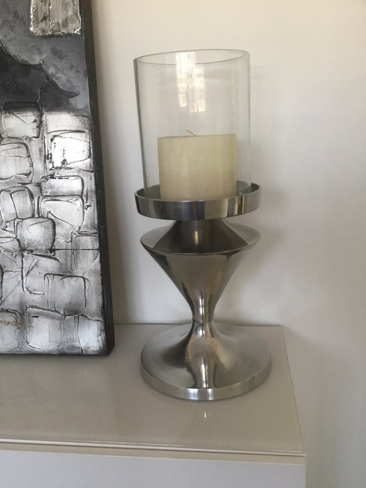 Rvs kandelaar windlicht  57 cm hoog 27 diameter voet, Ophalen of Verzenden, Zo goed als nieuw