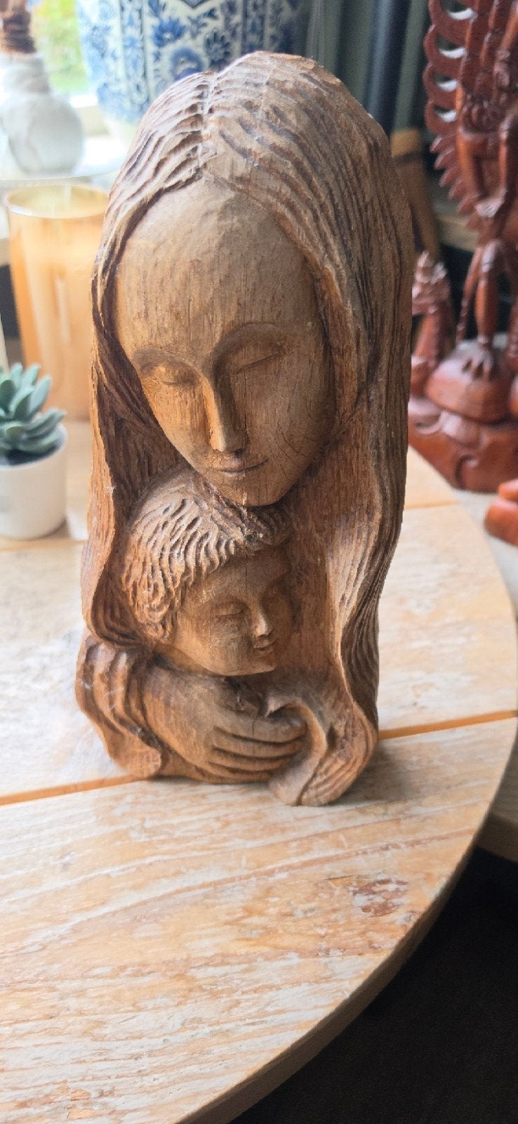 Houten Beeld Maria met Kind - Handgesneden, Ophalen of Verzenden, Handgemaakt, 20 - 50 cm, Beeld
