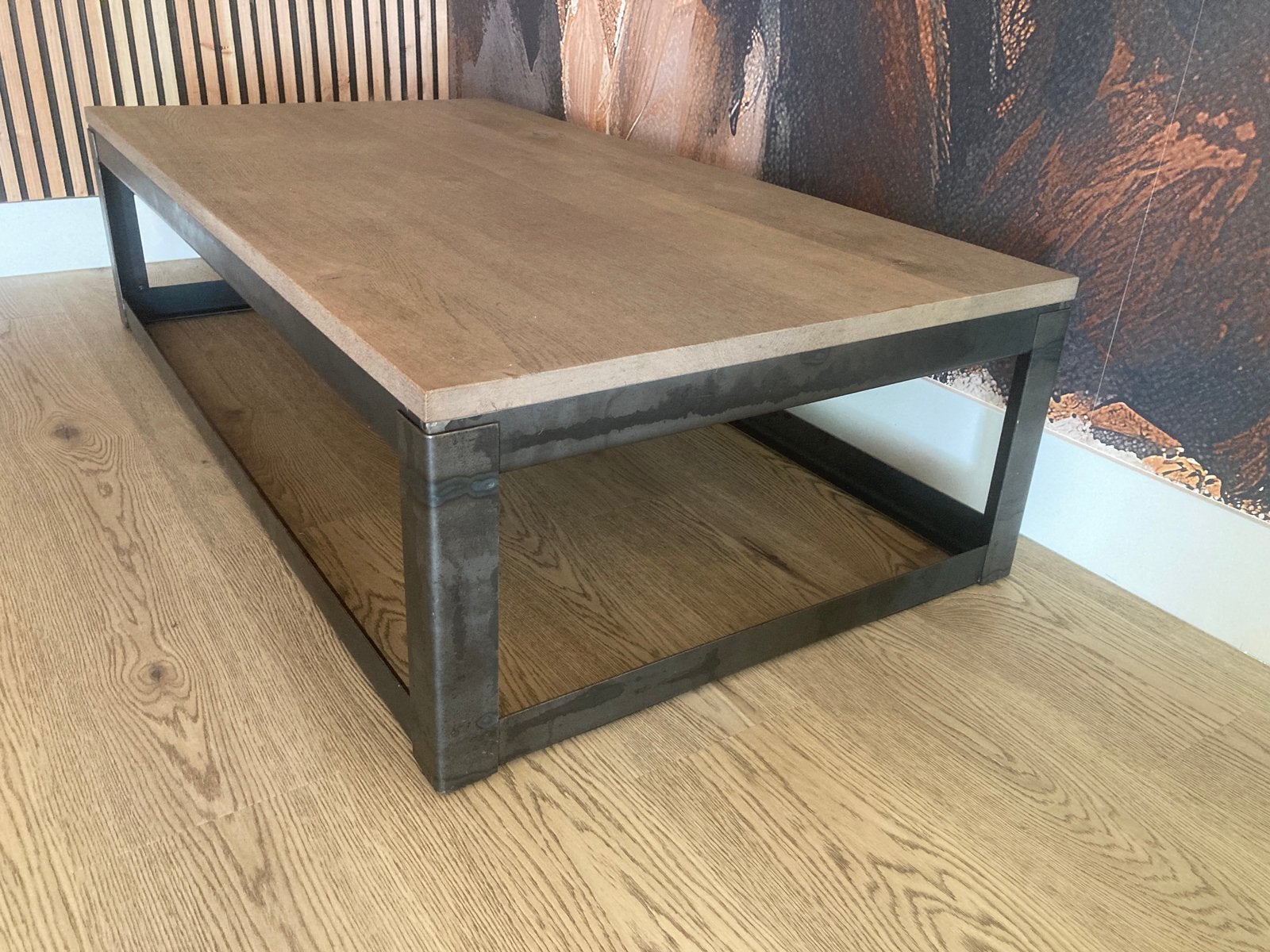 Salontafel tafel tafeltje eiken bruin grijs zwart las staal, 100 tot 150 cm, Zo goed als nieuw, Teakhout, 50 tot 100 cm