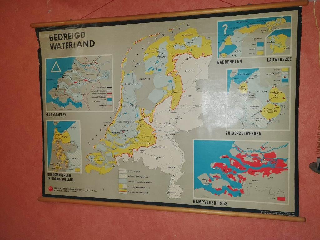 Oude schoolplaat Bedreigd waterland,1963,linnen,122 cm breed, Ophalen of Verzenden
