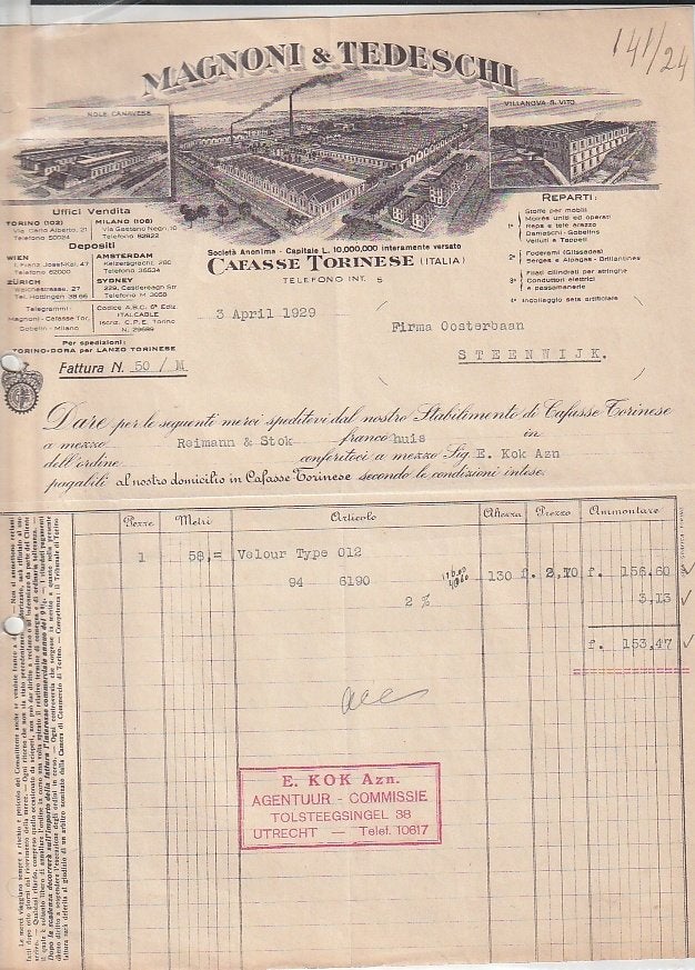 Magnoni & Tedeschi Cafasse Torinese Italia factuur 1929, Ophalen of Verzenden, Zo goed als nieuw, Overige typen