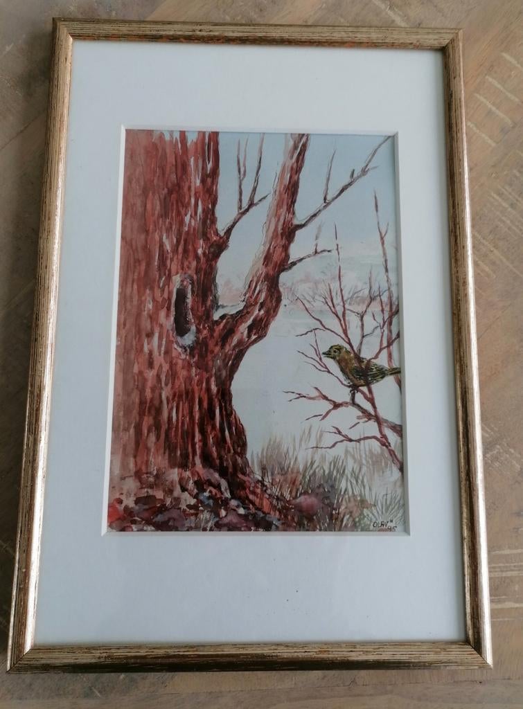Schilderij van Olav Amsen, boom met vogel, Antiek en Kunst, Ophalen of Verzenden