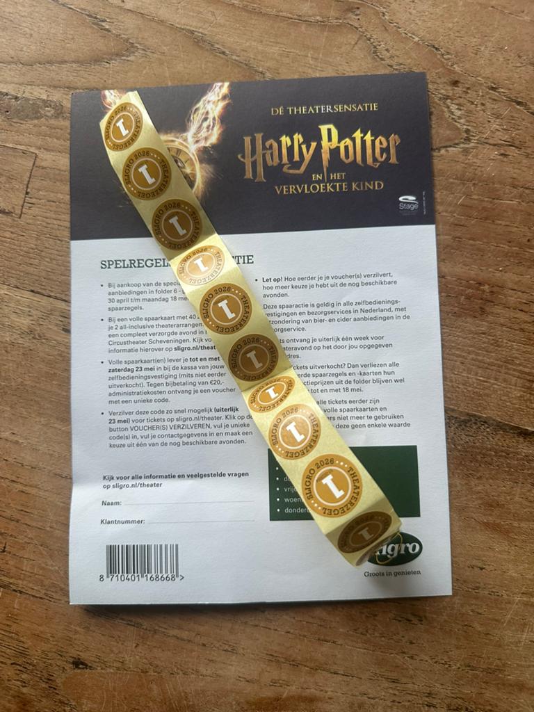 11 Sligro Harry Potter zegels, Tickets en Kaartjes, Theater | Overige, Eén persoon