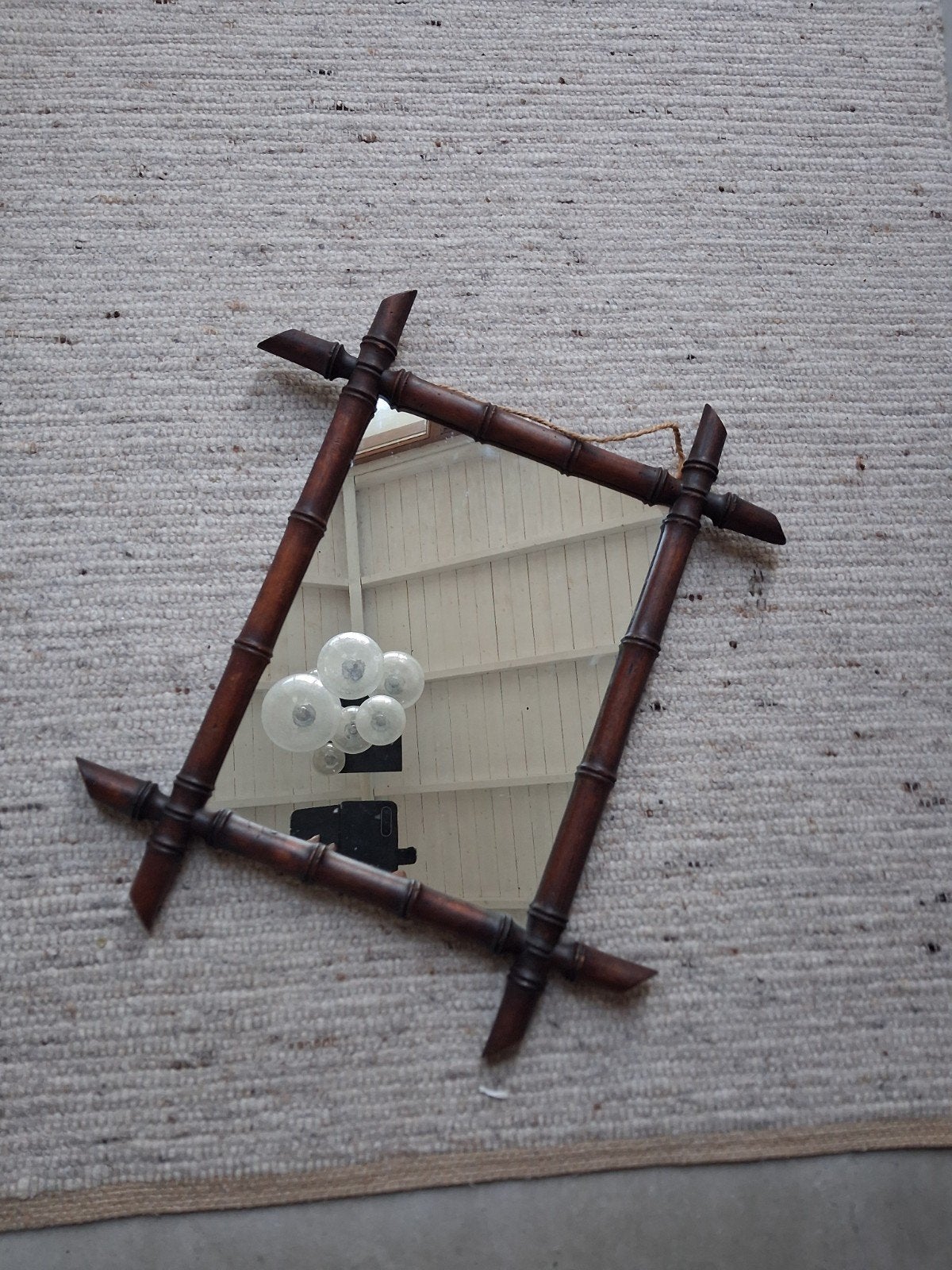Oude faux-bamboe spiegel houten frame antieke, Antiek en Kunst, Ophalen of Verzenden, Rechthoekig, Minder dan 50 cm, Minder dan 100 cm
