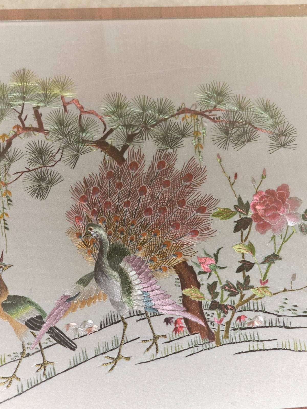 Prachtig Chinees zijden borduurwerk met pauwen en bloemen, Ophalen of Verzenden