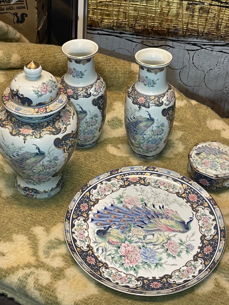 Vaga decoratief porseleinen servies met pauwmotief - 5-delig, Ophalen of Verzenden