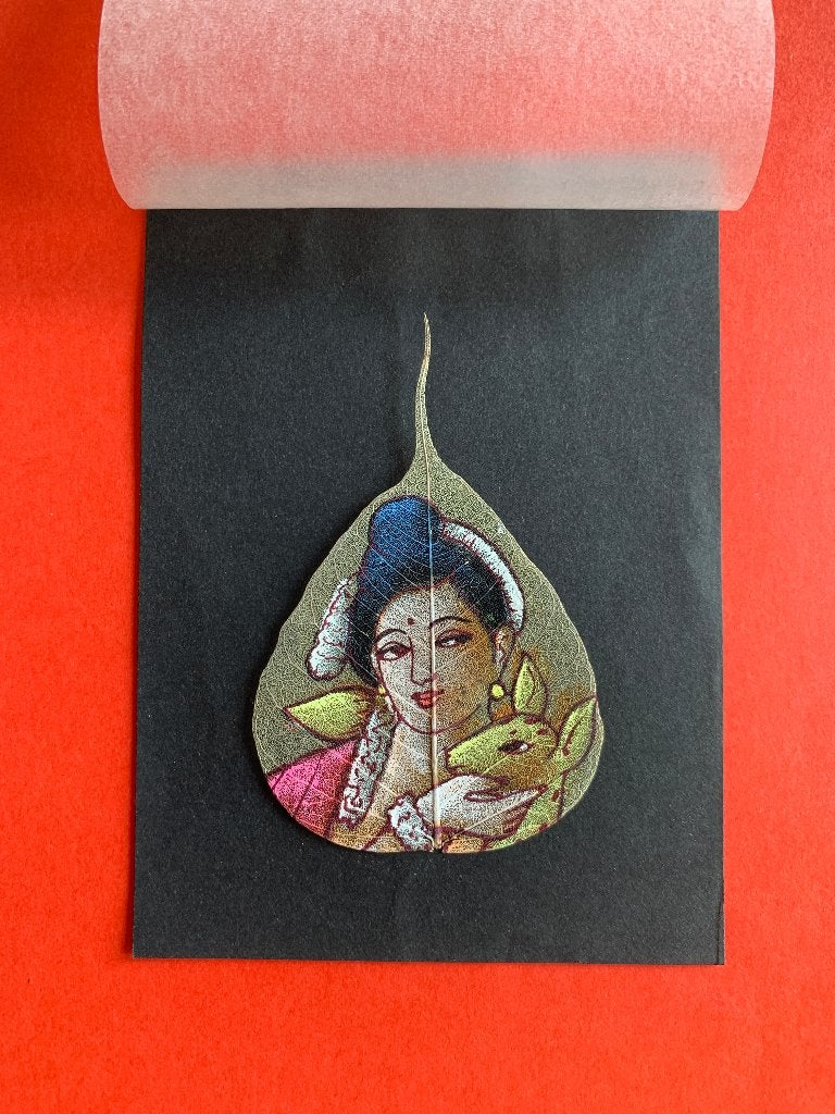 Vintage Aquarel miniatuur op peepalblad India, Antiek en Kunst, Schilderij, Natuurlijk materiaal, Ophalen of Verzenden, Meerkleurig