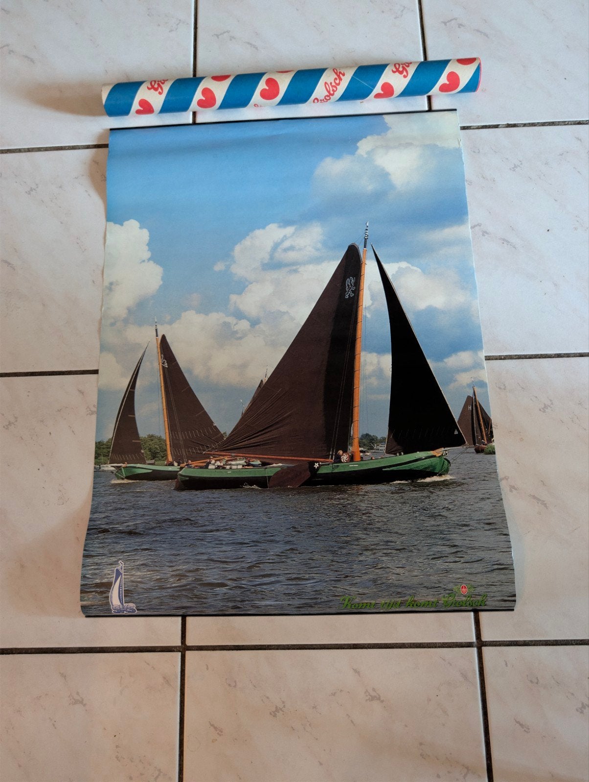 Vintage Grolsch reclame poster Skûtsjesilen jaren '70, Ophalen of Verzenden, Gebruikt, Reclamebord