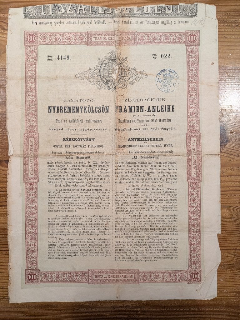Theiss und Szegediner obligaties 1880, Ophalen of Verzenden, Voor 1920