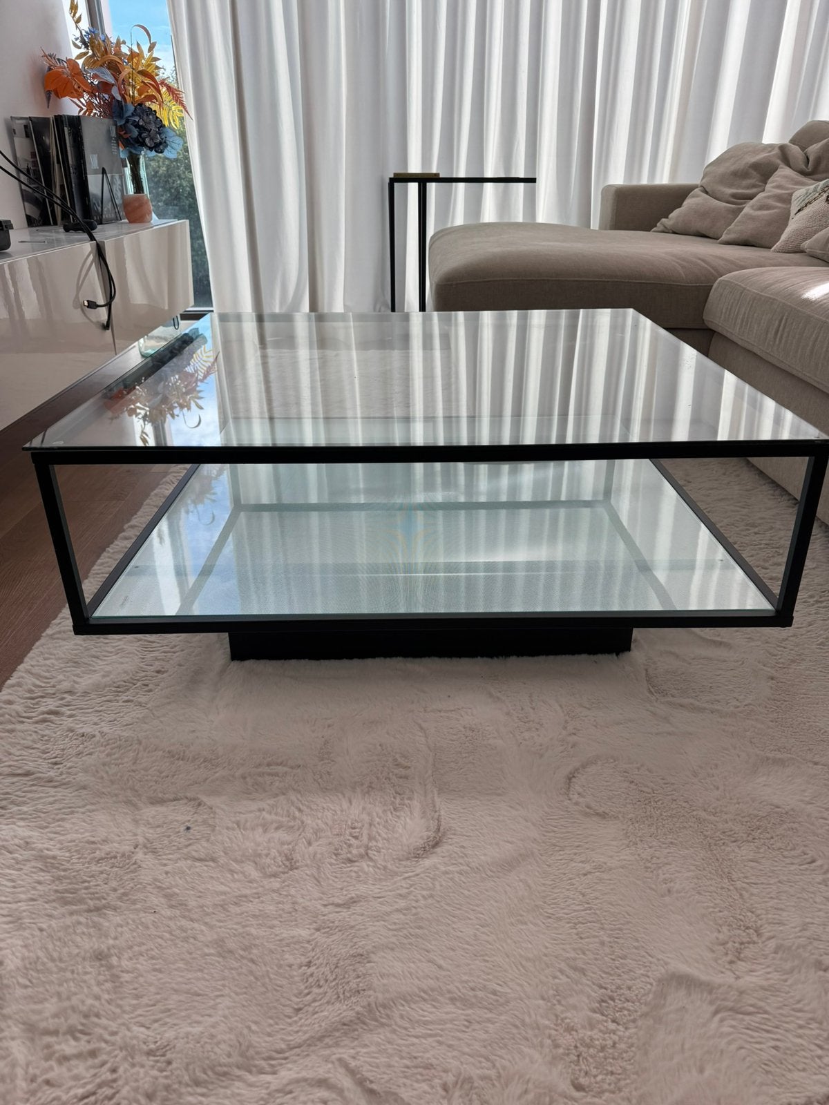 Maglehem salontafel 90x90 cm, zwart met glas, Ophalen, 50 tot 100 cm, Rechthoekig, Glas