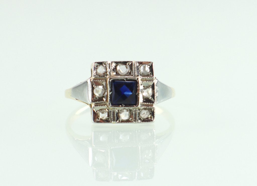 Art Deco gouden ring saffier roosdiamant, Ophalen of Verzenden, Goud, Ring, Met edelsteen