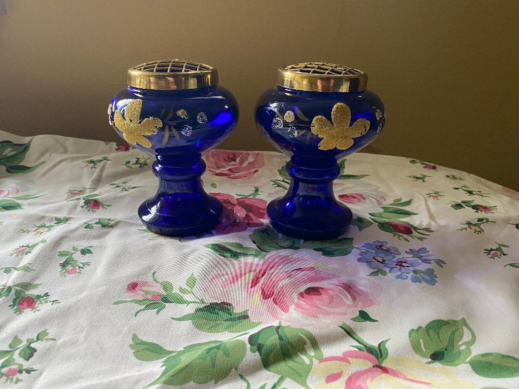2 kobaltblauwe vazen, rozenbowl Bristol / Boheems glas, Antiek en Kunst, Antiek | Glas en Kristal, Ophalen of Verzenden