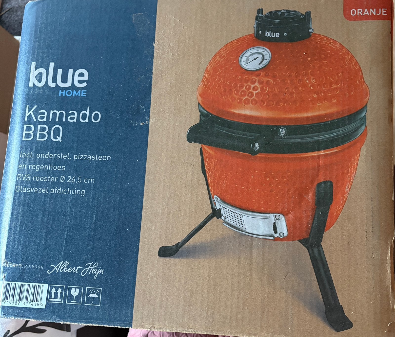 Kamado BBQ 13 inch Oranje/Zwart Compl met pizzasteen & hoes, Tuin en Terras, Houtskoolbarbecues, Ophalen, Nieuw