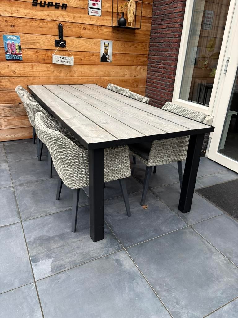 Industriële tuintafel met 6 stoelen, Tuin en Terras, Tuintafels, Ophalen, Zo goed als nieuw, Rechthoekig, Metaal
