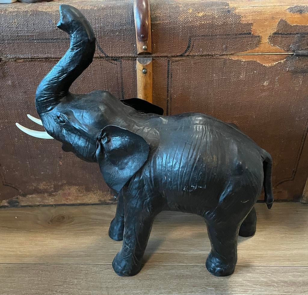 Groot leren olifant beeld brocante design dier beelden, Antiek en Kunst, Ophalen of Verzenden