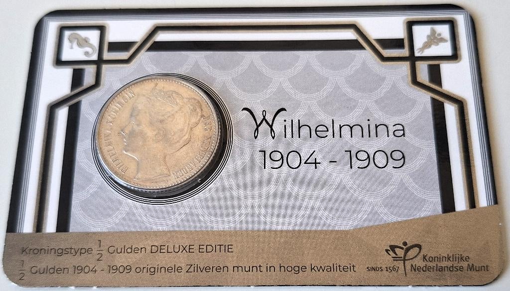 Zilveren ½ Gulden Wilhelmina in coincard 1907, Postzegels en Munten, Munten | Nederland, Verzenden, Koningin Wilhelmina, 1 gulden