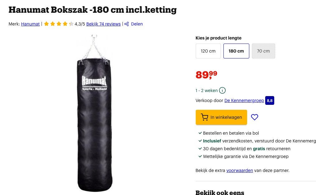 Hanumat Bokszak 180cm, Sport en Fitness, Boksen, Ophalen of Verzenden, Zo goed als nieuw, Bokszak