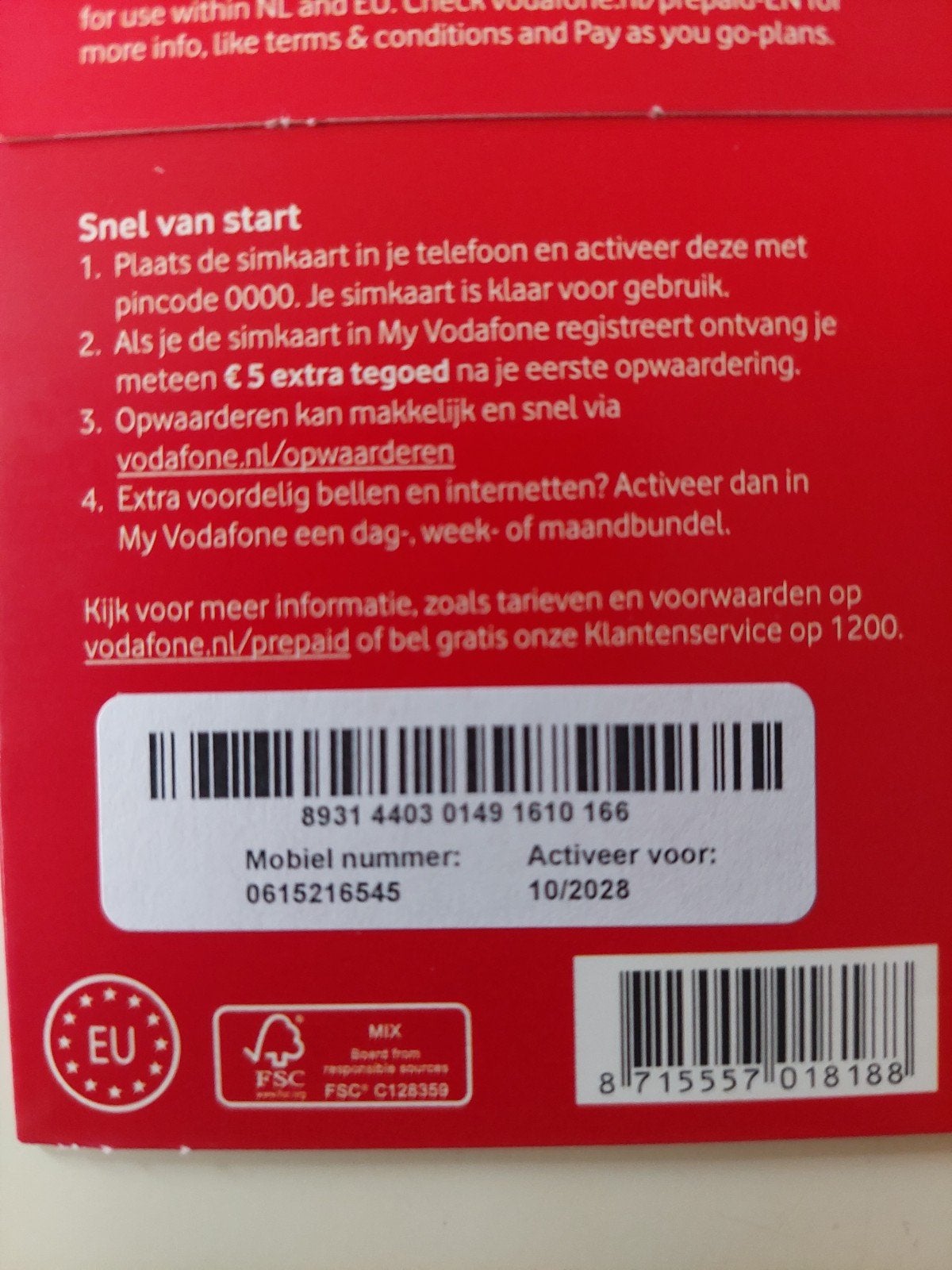 Vodafone mooi makkelijk te onthouden nummer 0615216545, Telecommunicatie, Ophalen of Verzenden, Nieuw, Vodafone, Simkaart