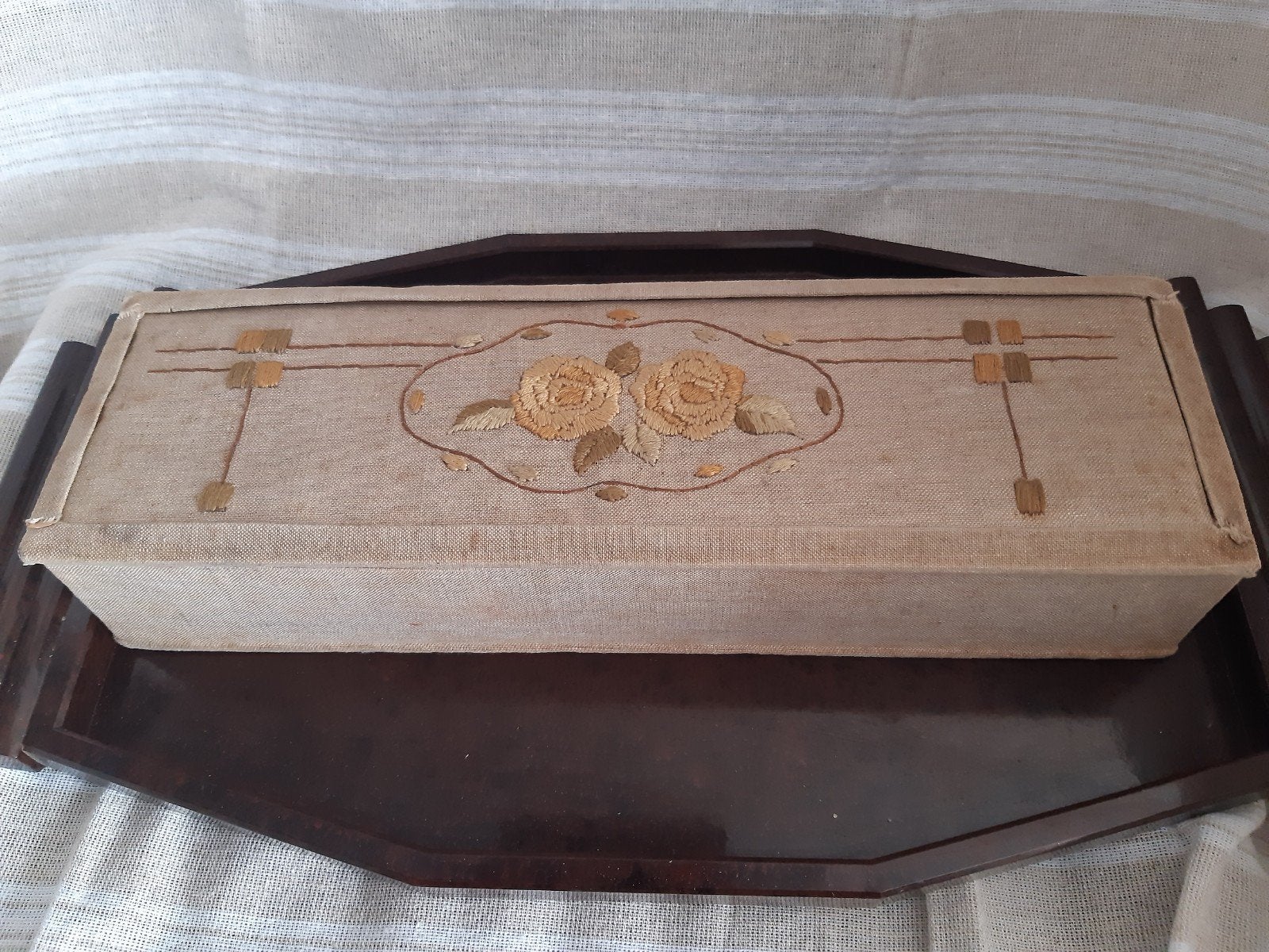 vintage handschoenendoos geborduurde rozen op linnen, Verzenden