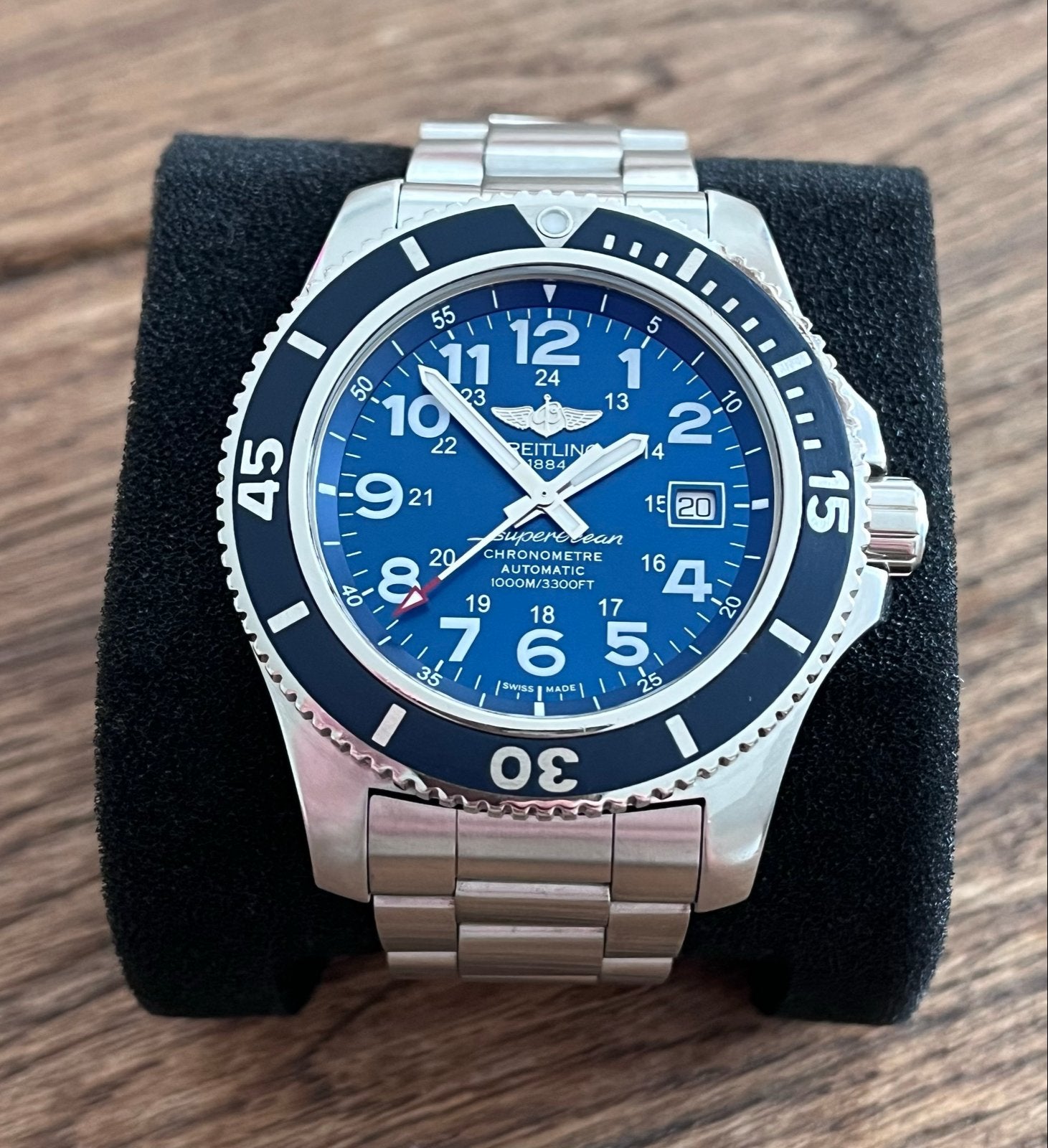BREITLING SuperOcean 44MM Blauw Sunbrush 1000m Waterdicht., Sieraden, Tassen en Uiterlijk, Horloges | Heren, Ophalen, Staal, Breitling