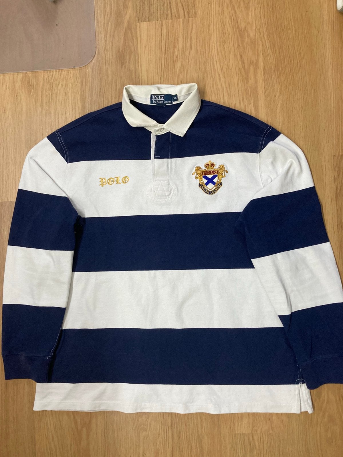 Ralph Lauren Rugbypolo - XL - White - Navy - Escutcheon, Blauw, Ralph Lauren, Maat 56/58 (XL), Ophalen of Verzenden