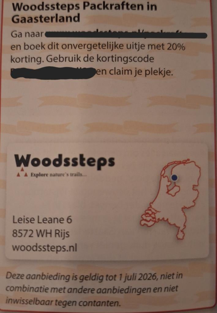 Woodsteps Packraften 20% korting, Eén persoon, Kortingsbon