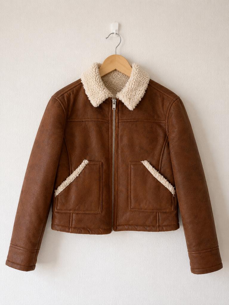Mango fake leren Bruin Bikerjack met Teddy Voering - Maat XS, Ophalen of Verzenden, Zo goed als nieuw, Maat 34 (XS) of kleiner