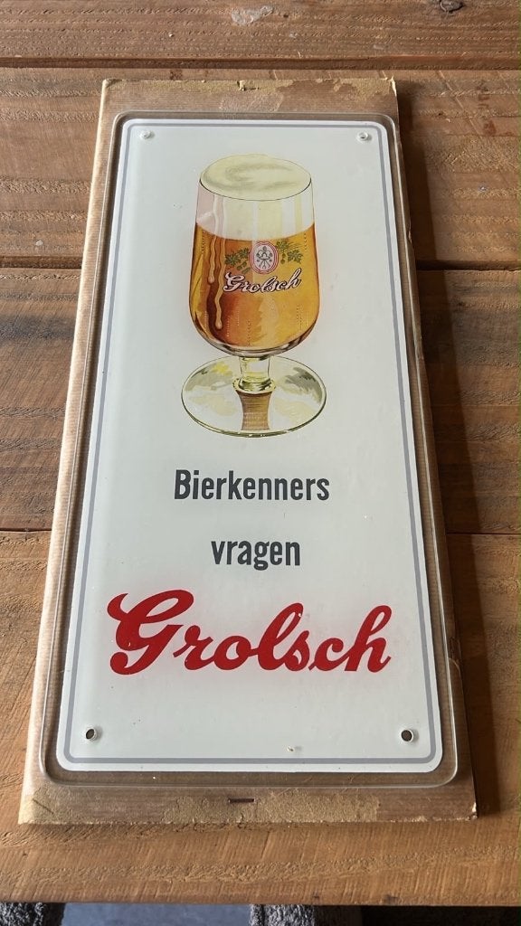 Vintage glazen Grolsch wandbord, Ophalen, Zo goed als nieuw, Reclamebord
