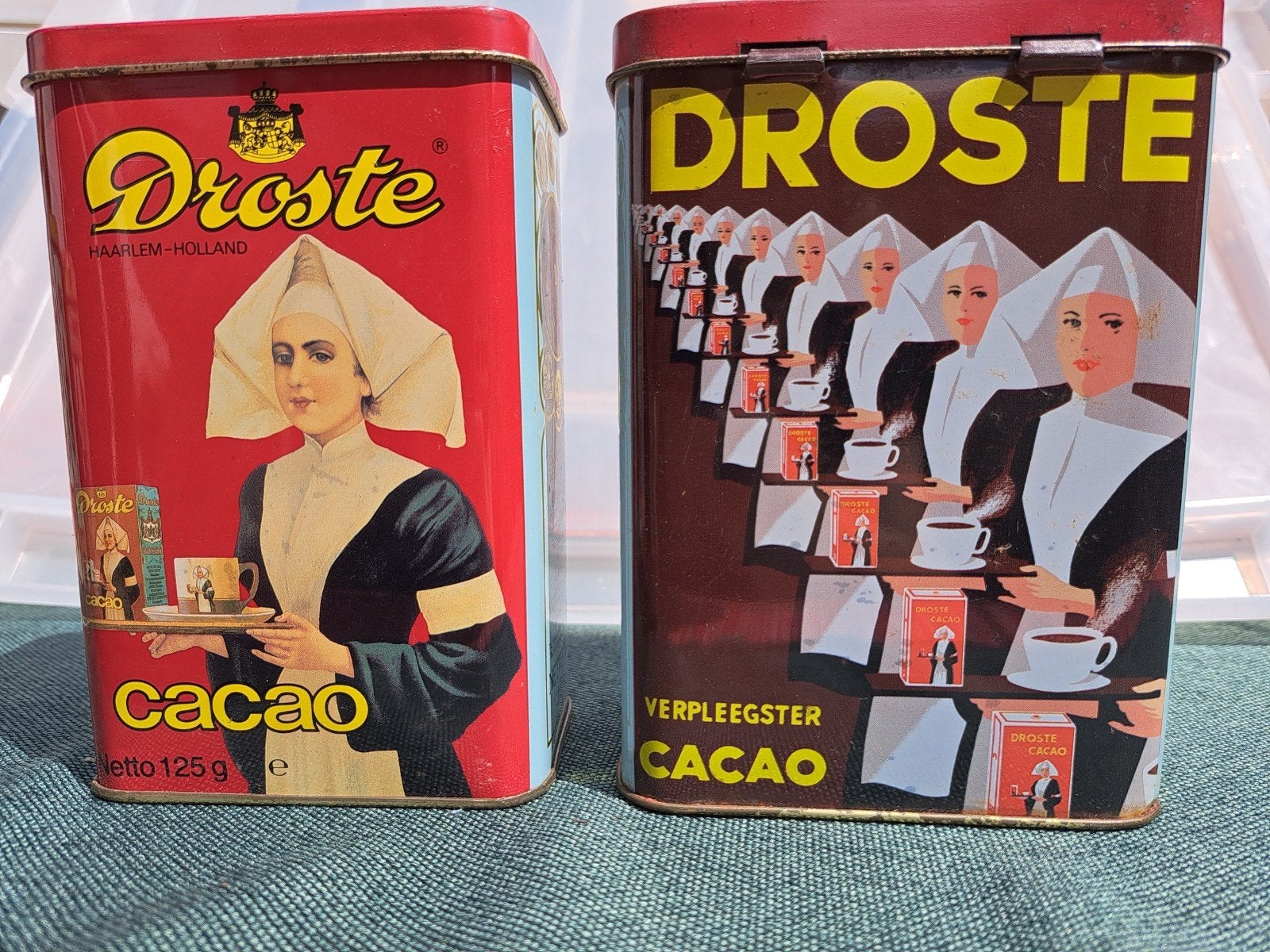 Doos met diverse Droste cacaoblikken, waaronder zeer oude, Ophalen of Verzenden