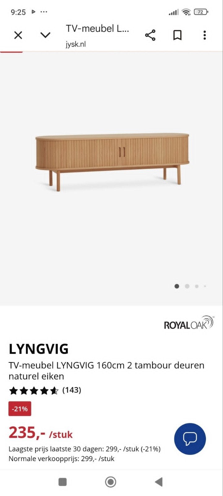 JYSK LYNGVIG TV-meubel 160cm naturel eiken, Huis en Inrichting, Kasten | Televisiemeubels, Ophalen, 150 tot 200 cm, Eikenhout