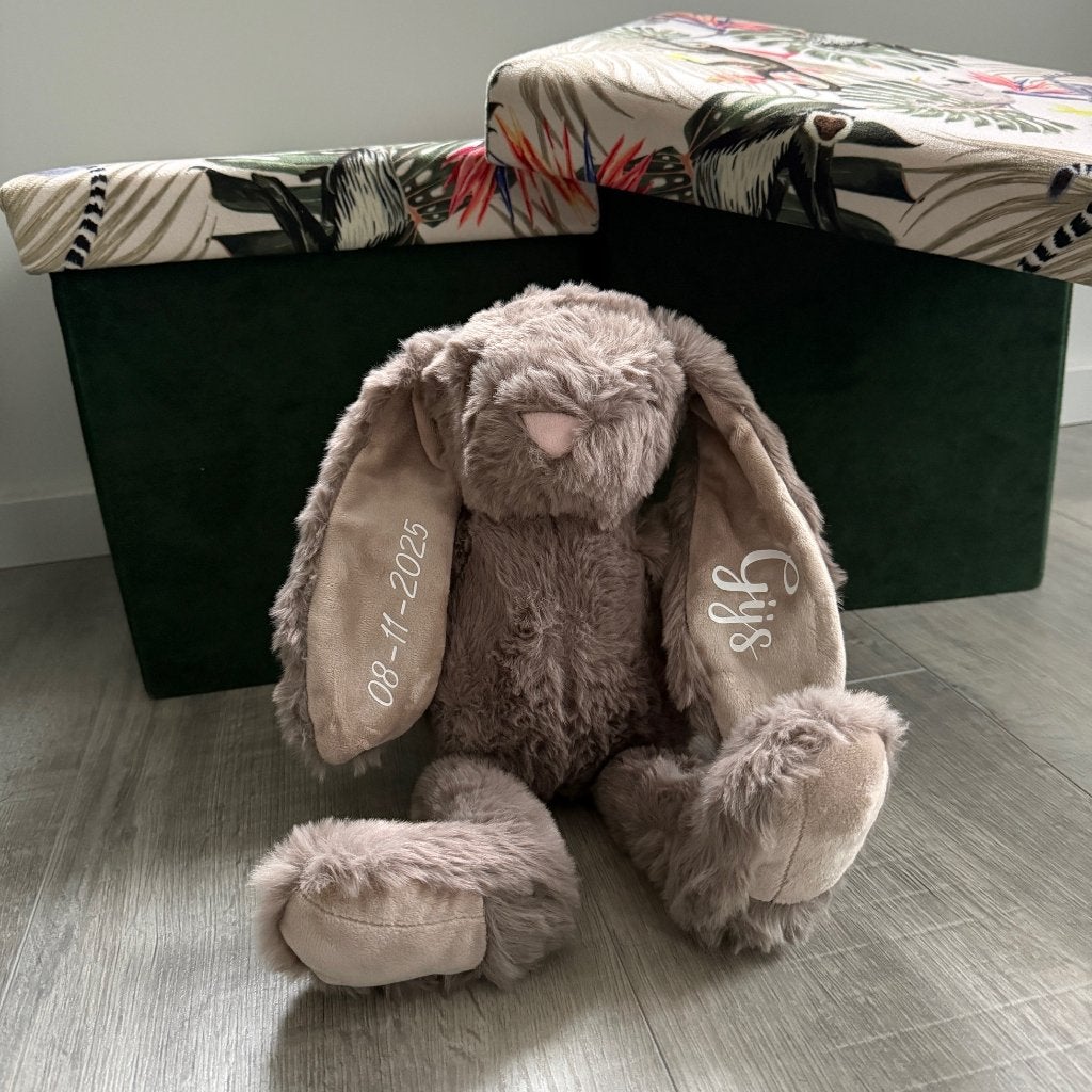 Knuffel konijn bruin met naam gepersonaliseerd, Ophalen of Verzenden, Nieuw, Kraamcadeau