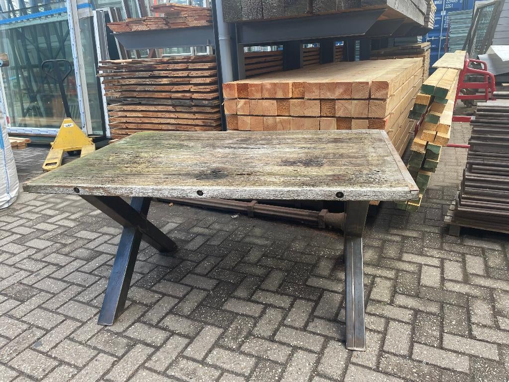 Steenschot Tafel/tuintafel met X poot, Ophalen, Gebruikt, Rechthoekig, 100 tot 150 cm
