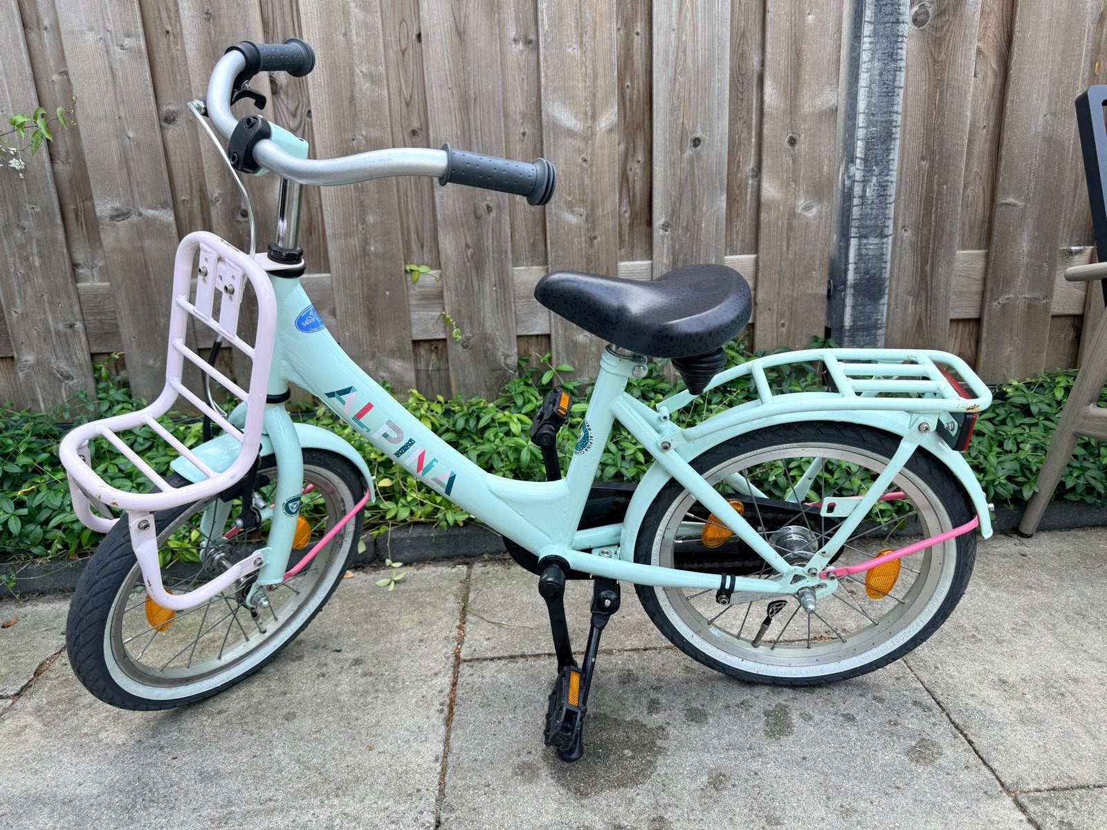 Alpina kinderfiets 16 inch - Mintgroen met roze accenten, Ophalen, Gebruikt, Terugtraprem, Minder dan 16 inch