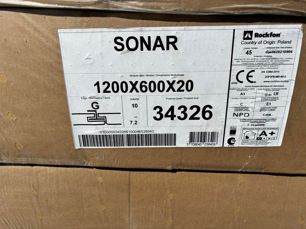 Rockfon Sonar plafondplaten 1200x600x20mm, 72 m2, Ophalen, Nieuw, Overige materialen, 20 tot 50 mm