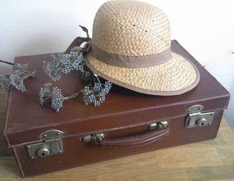 Vintage leren bruine koffer brocante, Antiek en Kunst, Ophalen of Verzenden