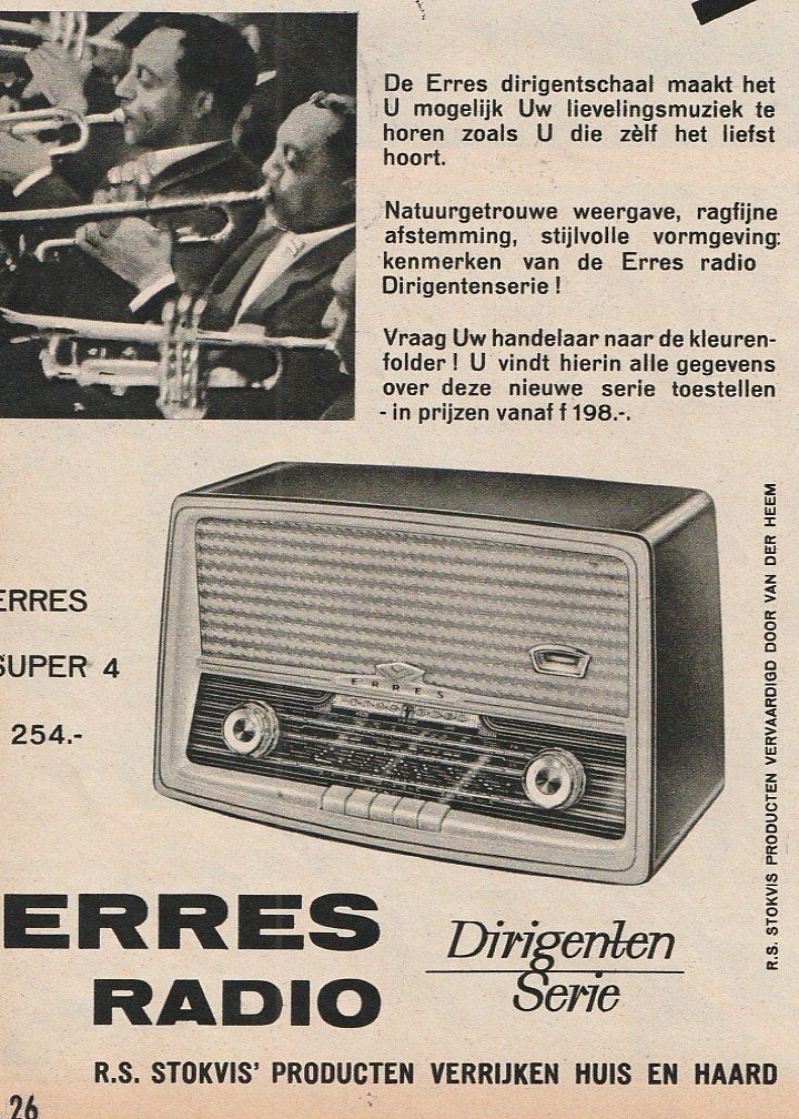 retro reclame 1958 Erres radio muziekinstrument trompetten, Verzamelen, Verzenden, Overige typen