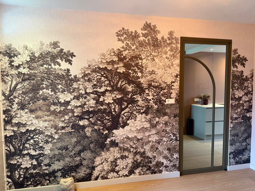 Fotobehang bomen, bladeren: grijs, groen, beige | Morris, Ophalen of Verzenden, Minder dan 10 m², Groen