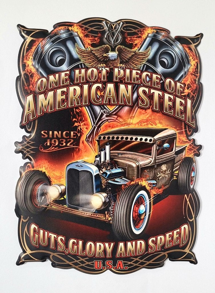 American steel hotrod relief reclamebord van metaal wandbord, Info@deconoord.nl, Deco Noord, Nieuw, Ophalen of Verzenden