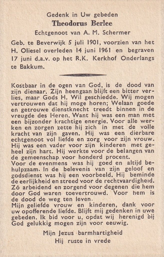 Berlee Theodorus 1901 Beverwijk 1961 Bakkum, Ophalen of Verzenden, Bidprentje