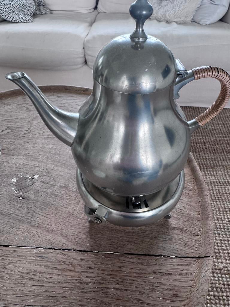 Vintage tinnen theepot met rechaud - Maxin, Ophalen of Verzenden