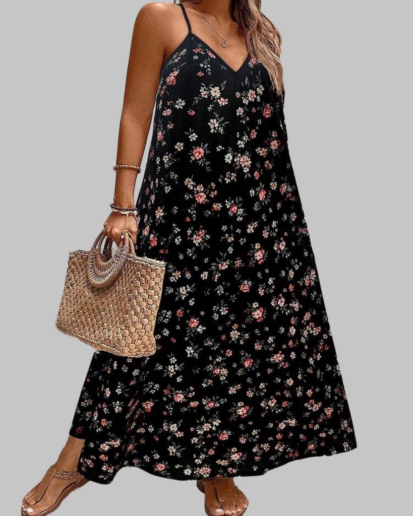 Zwarte bloemen maxi jurk met spaghettibandjes (44-52), Kleding | Dames, Grote Maten, Nieuw, Jurk, Zwart, Verzenden