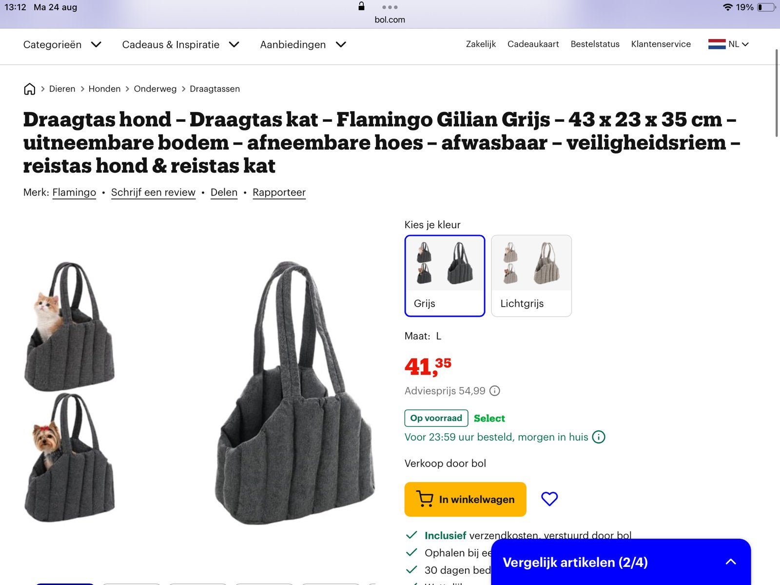 Grijze honden draagtas ,voor kleine hondjes ., Dieren en Toebehoren, Ophalen, Zo goed als nieuw