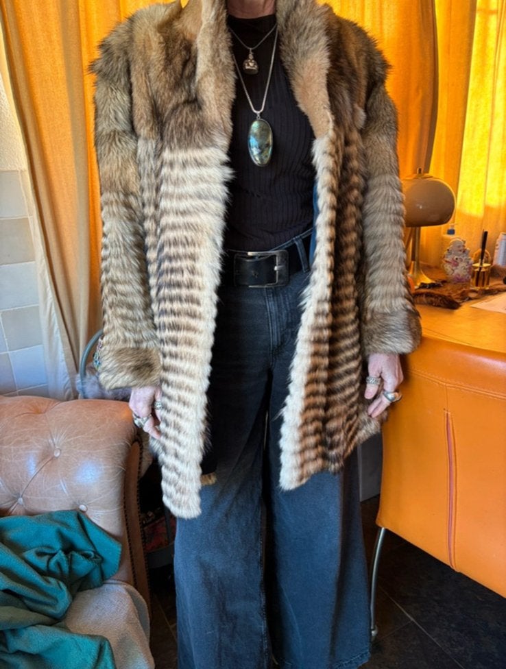 Vintage bontjas met streepmotief, Kleding | Dames, Jassen | Winter, Ophalen of Verzenden, Zo goed als nieuw, Maat 42/44 (L), Meerkleurig
