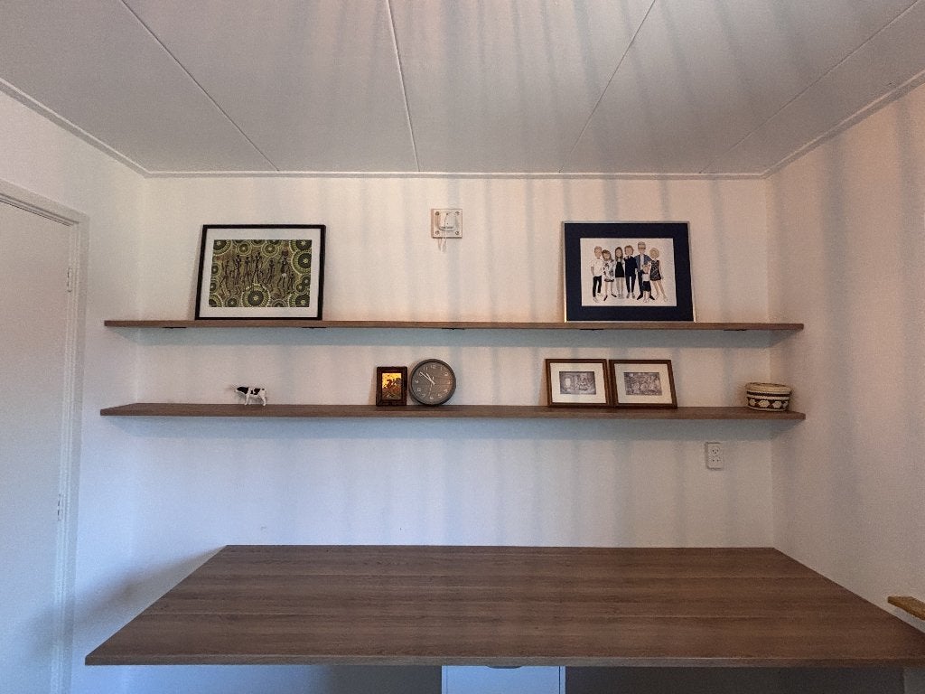 Zwevend bureau met twee planken, Huis en Inrichting, Bureaus, Ophalen, 230 cm, Hout, Bruin