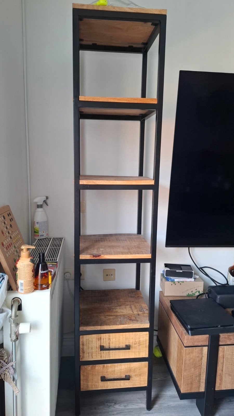 Industriële Boekenkast met Lades - Metaal & Hout, Met plank(en), Minder dan 50 cm, Gebruikt, 200 cm of meer