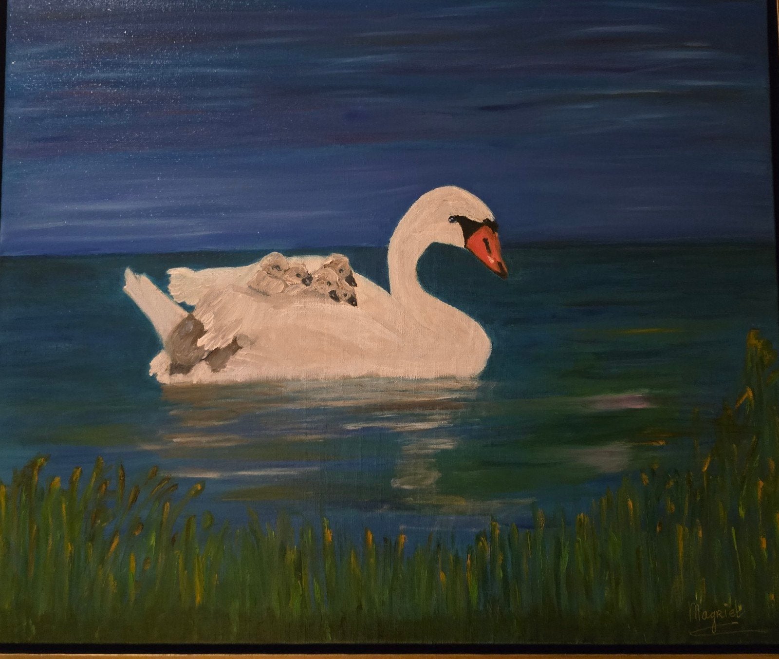 Zwaan met jongen op het water - Olieverfschilderij, Ophalen