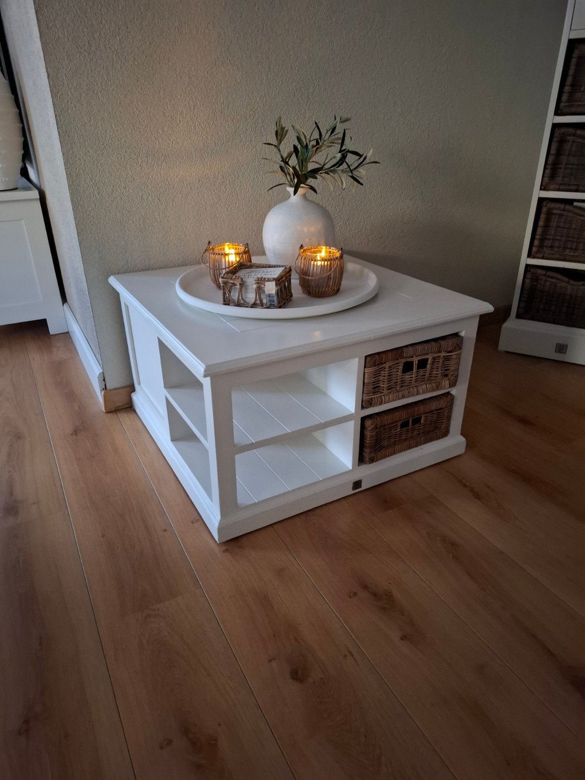 Riviera maison salontafel met opbergruimte en rieten manden, Huis en Inrichting, Ophalen, 50 – 75, Gebruikt, 50 tot 100 cm