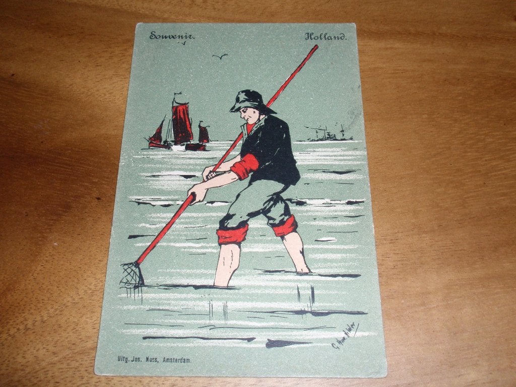 Illustrator visser met schepnet Folklore Visserij, Verzenden, Voor 1920, Gelopen, Ambachten of Beroep