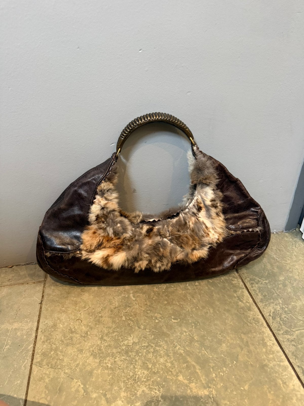 Vintage leren tas van francesco biasia met echt bont, Ophalen of Verzenden, Gebruikt, Bruin, Handtas